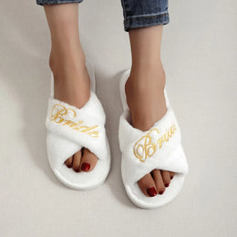 KissICON Bride Embroidered Plush Slippers Wedding Supplies Women Honeymoon