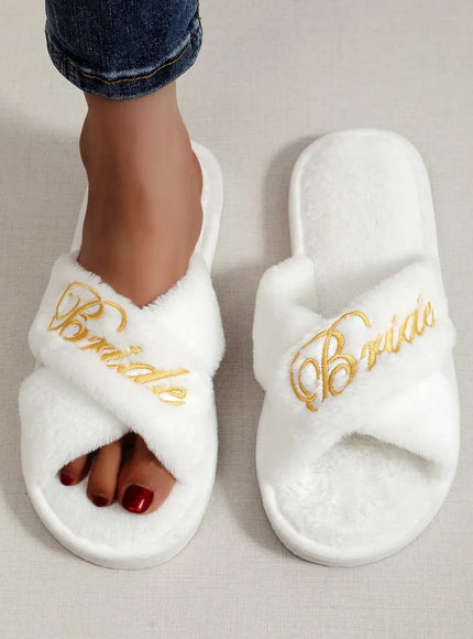 KissICON Bride Embroidered Plush Slippers Wedding Supplies Women Honeymoon