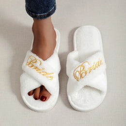 KissICON Bride Embroidered Plush Slippers Wedding Supplies Women Honeymoon