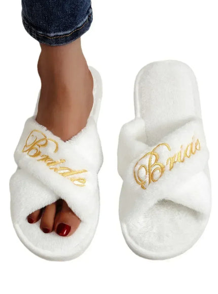 KissICON Bride Embroidered Plush Slippers Wedding Supplies Women Honeymoon