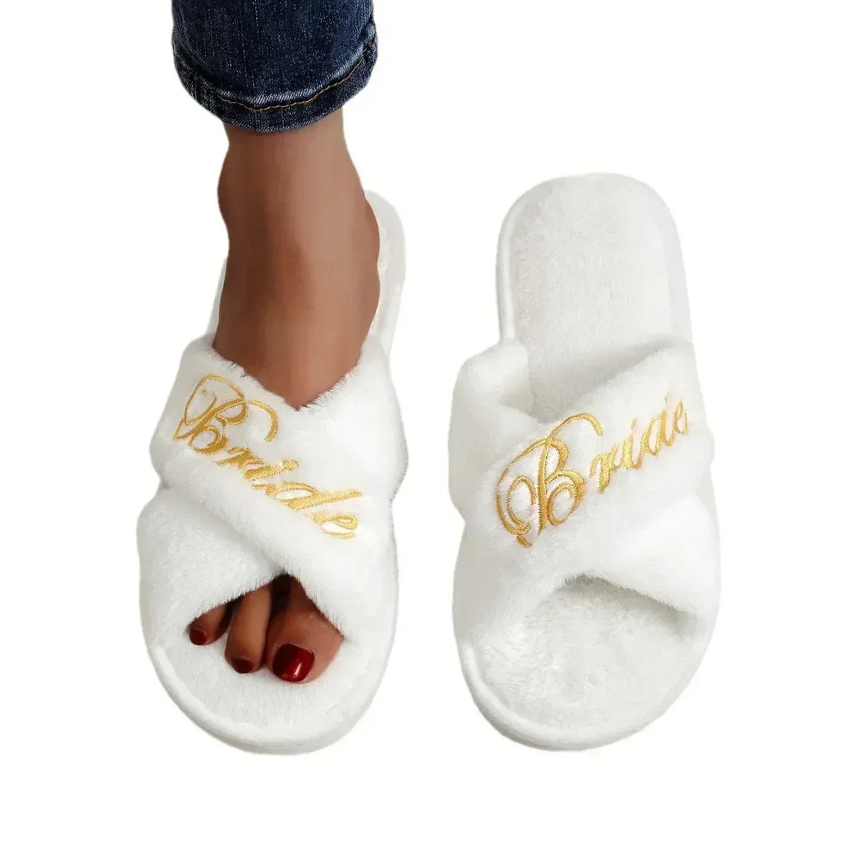 KissICON Bride Embroidered Plush Slippers Wedding Supplies Women Honeymoon