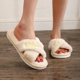 KissICON Bride Embroidered Plush Slippers Wedding Supplies Women Honeymoon