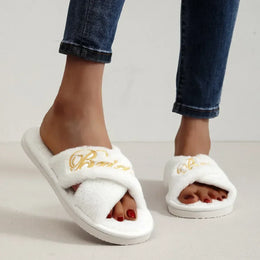 KissICON Bride Embroidered Plush Slippers Wedding Supplies Women Honeymoon