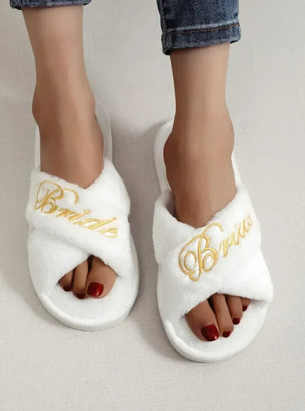 KissICON Bride Embroidered Plush Slippers Wedding Supplies Women Honeymoon