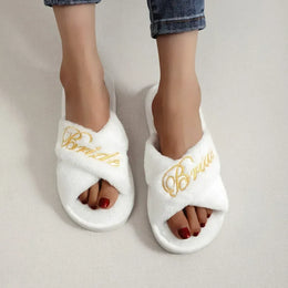 KissICON Bride Embroidered Plush Slippers Wedding Supplies Women Honeymoon