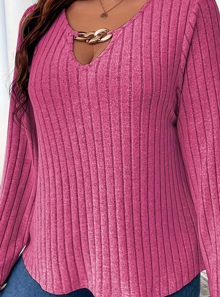 jkthpu-45 Bright Pink Color / UK 18 [Chain Details] Elegant V-Neck Knit Pullover | Polyester