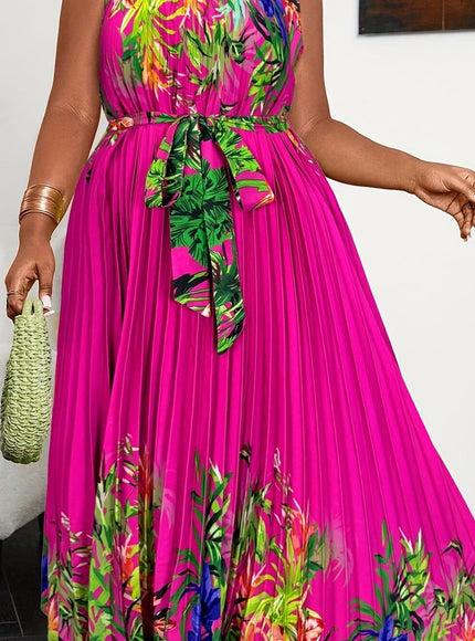jkthpu-45 Bright Pink Color / UK 18 Plus Size Bohemian Tropical Print Halter Neck Dress with Ruching - Vibrant Orange & Green Leaf Pattern, Lightweight Summer Casual Vacation Dress for Women, Machine Washable, Casual Summer Dresses