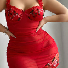 jkthpu-45 Bright Red / UK 18 Sexy Women's Lace Trim Bowknot Plus Size Semi-Sheer Seductive Camisole Nightgown with Ruffles