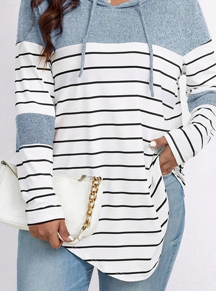 jkthpu-45 Bright Steel Blue / UK 18 Plus Size, Women's Casual Striped Hooded Sweatshirt -