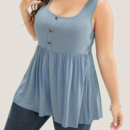 KissICON Bright Steel Blue / UK 18 Solid Color Square Neck Button Detail Ruffled Hem