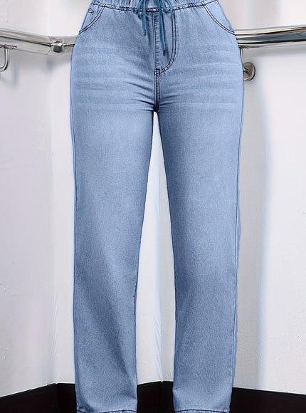 jkthpu-45 Bright Steel Blue / UK 18 Women's Straight-Leg Jeans - Non-See-Through Washed Blue Pants