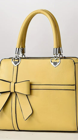 jkthpu-45 Bright Yellow Women'S Chic Solid Color Handbag with Bow Accent, Adjustable Shoulder Strap, and Wristlet - Synthetic, Zip Closure, Casual Elegance, Versatile Tote for Everyday Use