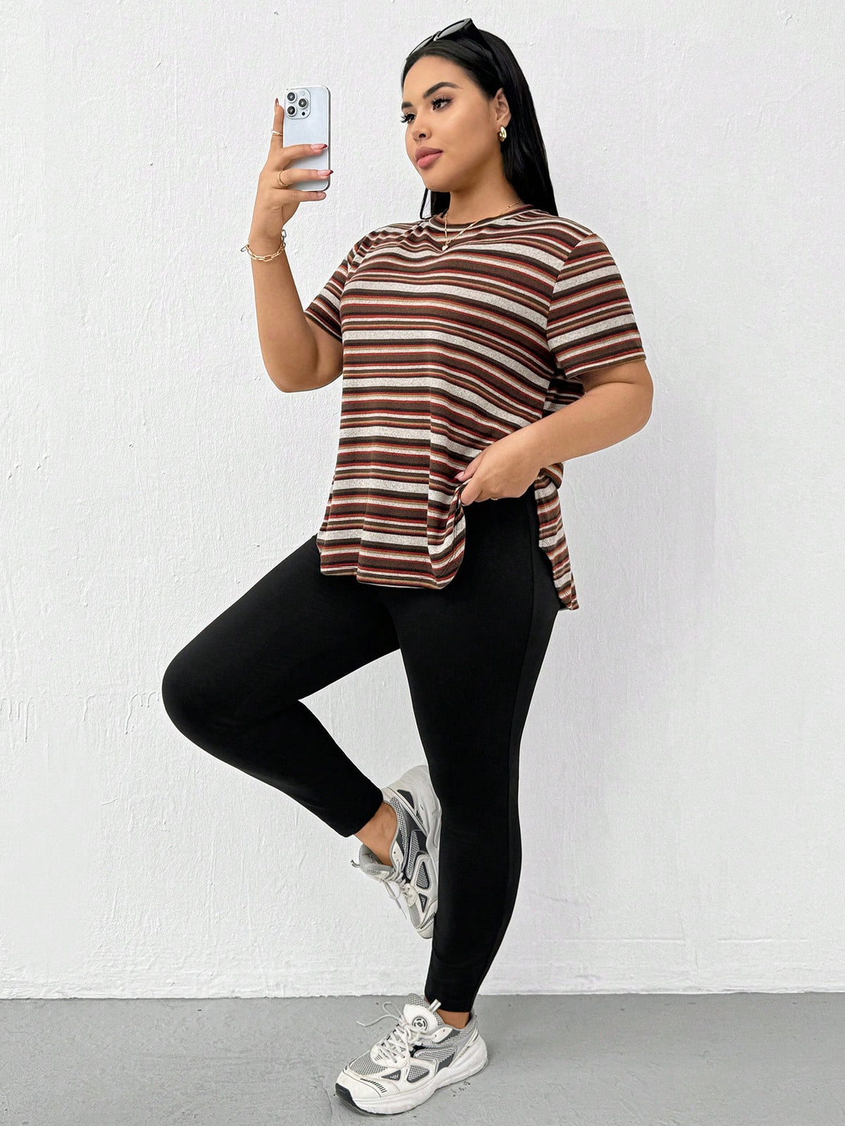 CURVE Brown / 0XL Casual Sports Short-Sleeved T-Shirt And Leggings Two Pieces Set