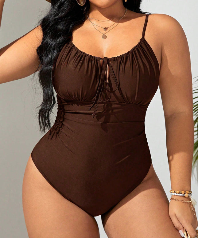 KissICON Brown / 0XL Curve Solid Color Front Tie One-piece Swimsuit