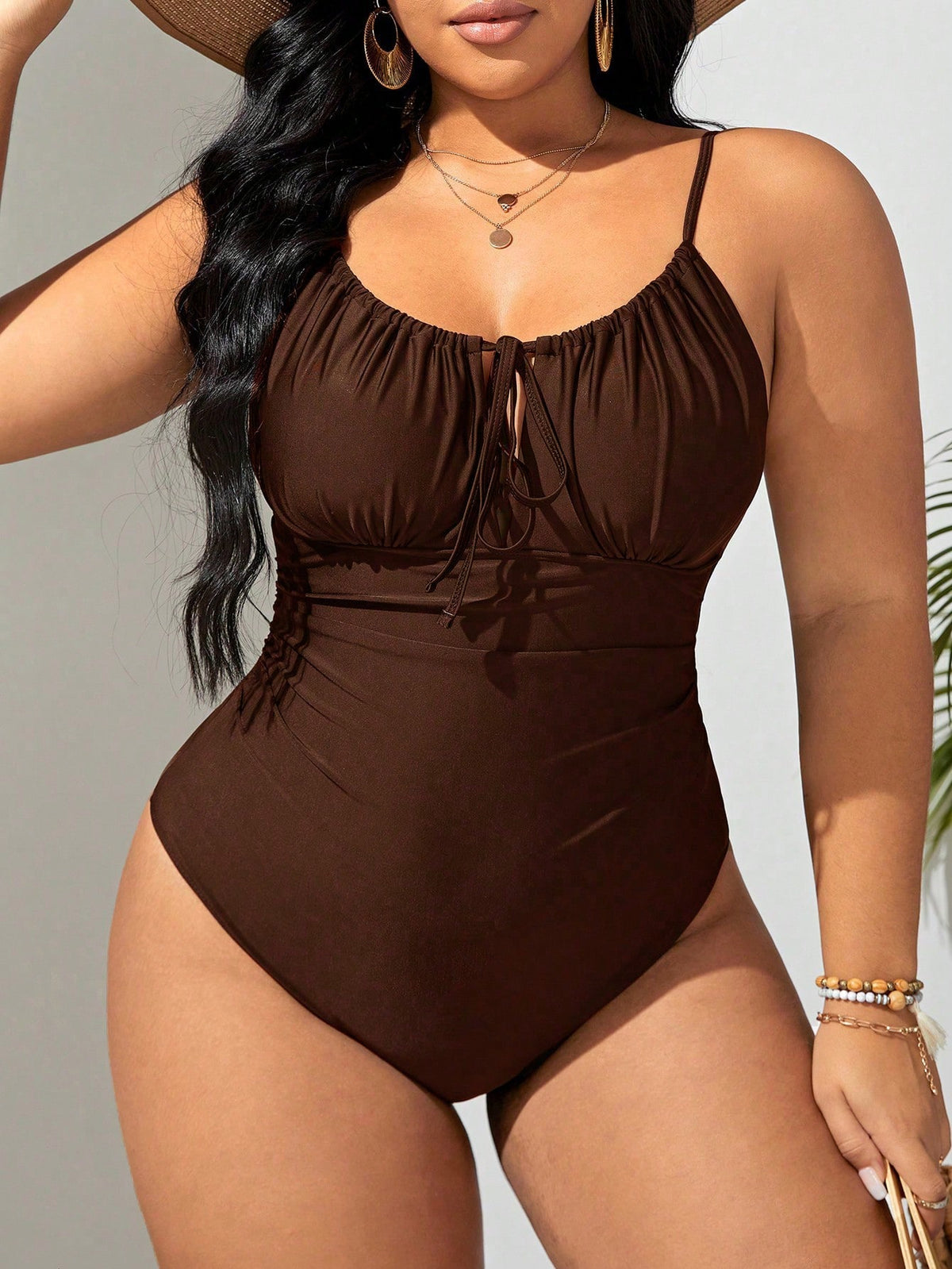 KissICON Brown / 0XL Curve Solid Color Front Tie One-piece Swimsuit
