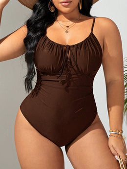 KissICON Brown / 0XL Curve Solid Color Front Tie One-piece Swimsuit
