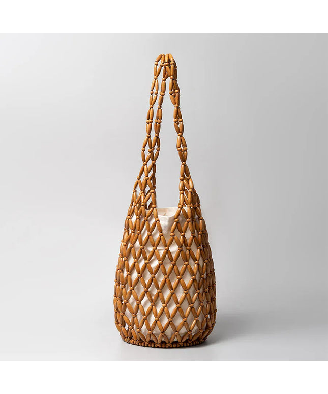 KissICON Brown / 16.5x36cm Woven Hand Hollow-out Wooden Bead Tote –