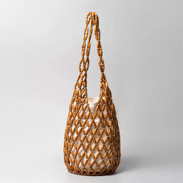 KissICON Brown / 16.5x36cm Woven Hand Hollow-out Wooden Bead Tote –