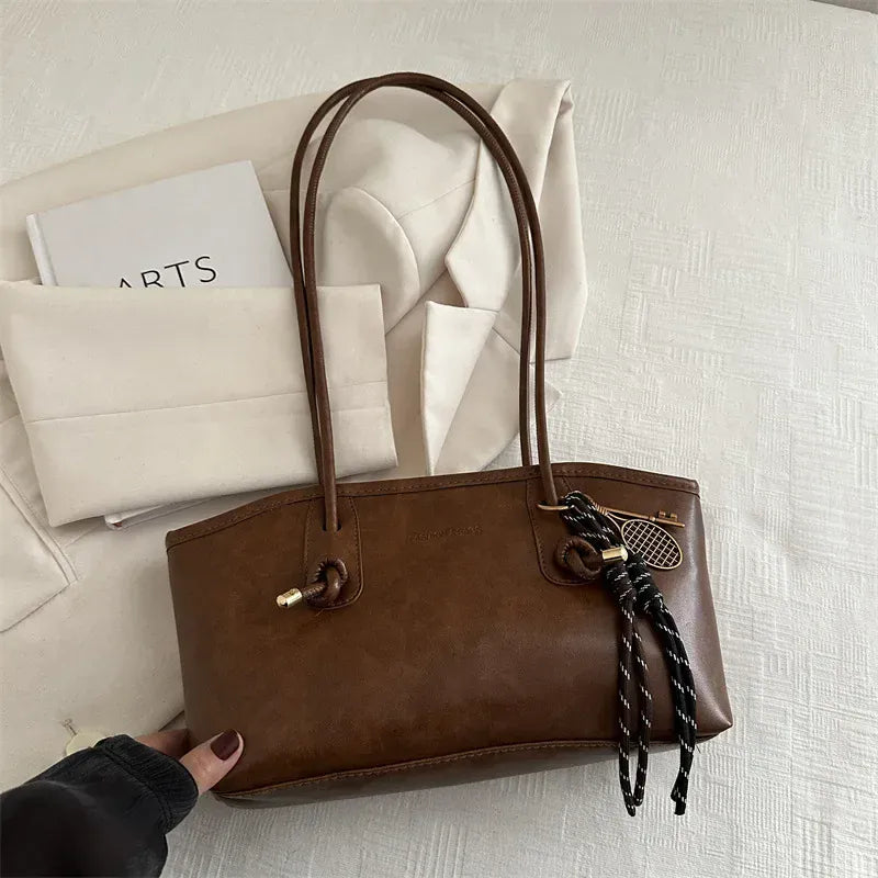 Dropshipman Brown / 28x7x18cm European American Retro Tote Bag, Korean Fashion Shoulder Bags Advanced Simple Handbag New Large Capacity Pendant Versatile Bags