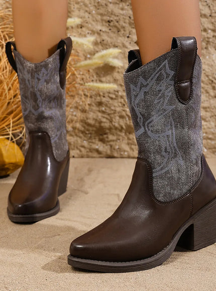 KissICON Brown / 35 Vintage Embroidery High Heels Western Boots Women 2025