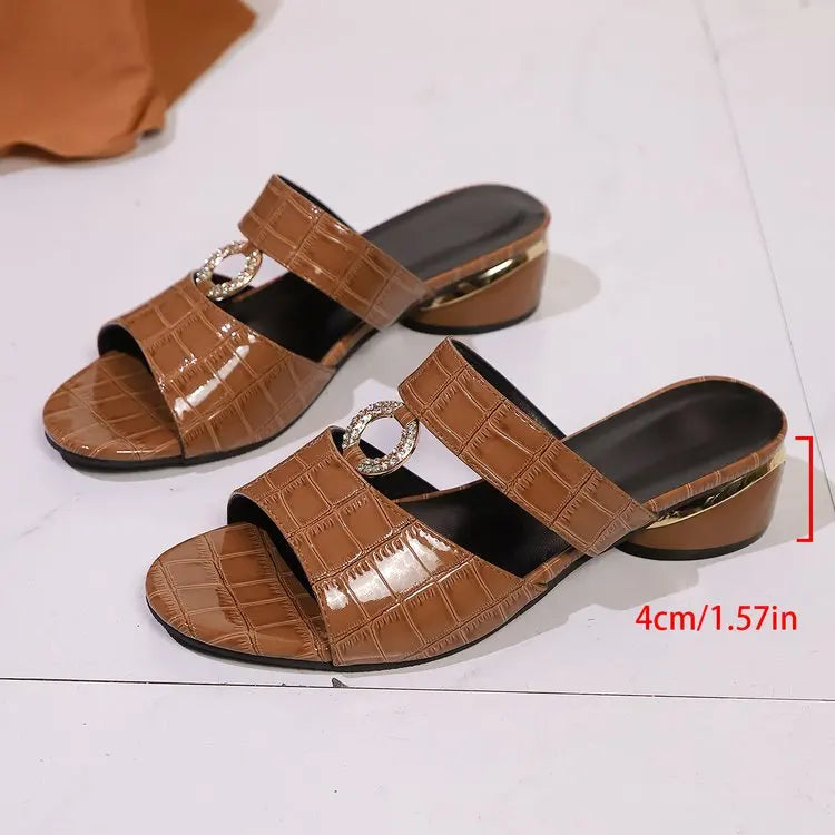 jkthpu-45 Brown / 36 Sparkling Rhinestone Low Heel Open Toe Slippers