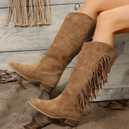 KissICON Brown / 36 Western Cowboy Knee-High Boots Black Brown Tassels Women's