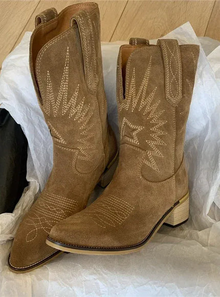 KissICON Brown / 36 Women Western Boots Autumn Winter Embroidery Flower Women