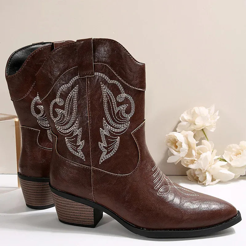 KissICON brown / 37 Ethnic Embroider Decor High Heel Boots for Women