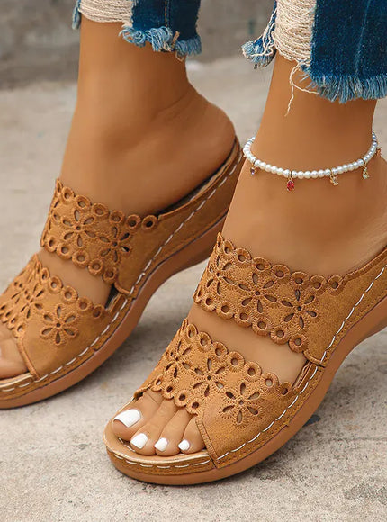 KissICON brown / 40 Floral Hollow Decor Wedges Sandals for Women Plus