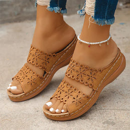 KissICON brown / 40 Floral Hollow Decor Wedges Sandals for Women Plus