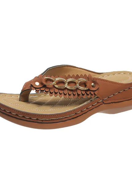KissICON brown / 40 Metal Chain Wedges Sandals for Women Tassels Decor
