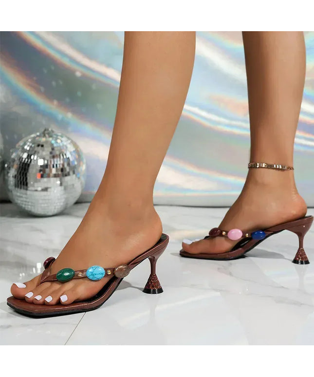 KissICON brown / 42 Large Jewel Decor High Heels Sandals for Women