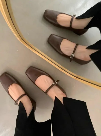 KissICON Brown / 44 Retro Square Toe Shallow Mouth Silver Flat Shoes