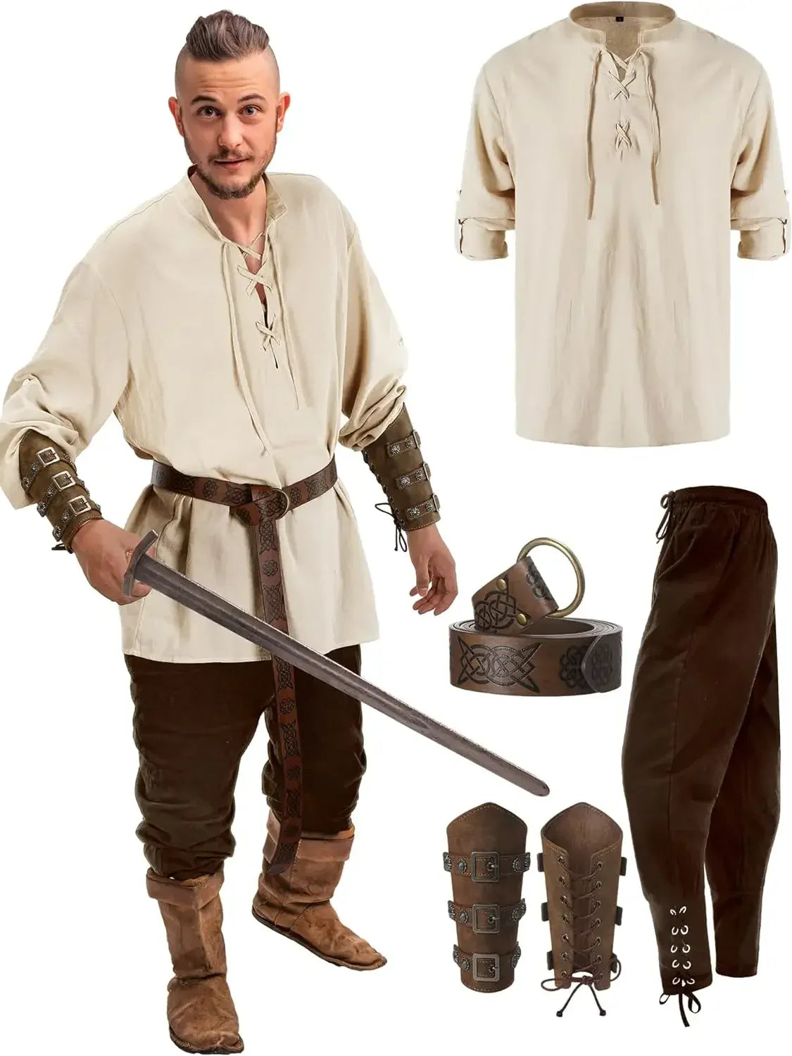 KissICON brown black / S 4 Pcs Halloween Men's Renaissance Costume Set Medieval Pirate Shirt Ankle Banded Pants Viking Belt Accessories