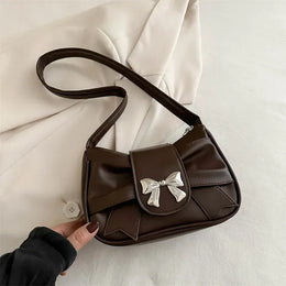 Dropshipman Brown-Bow Trendy Bow Shoulder Bag Handbag Casual Underarm Bag Daily Commuting Bags PU Leather Lady Banquet Bag Business Women's Bags