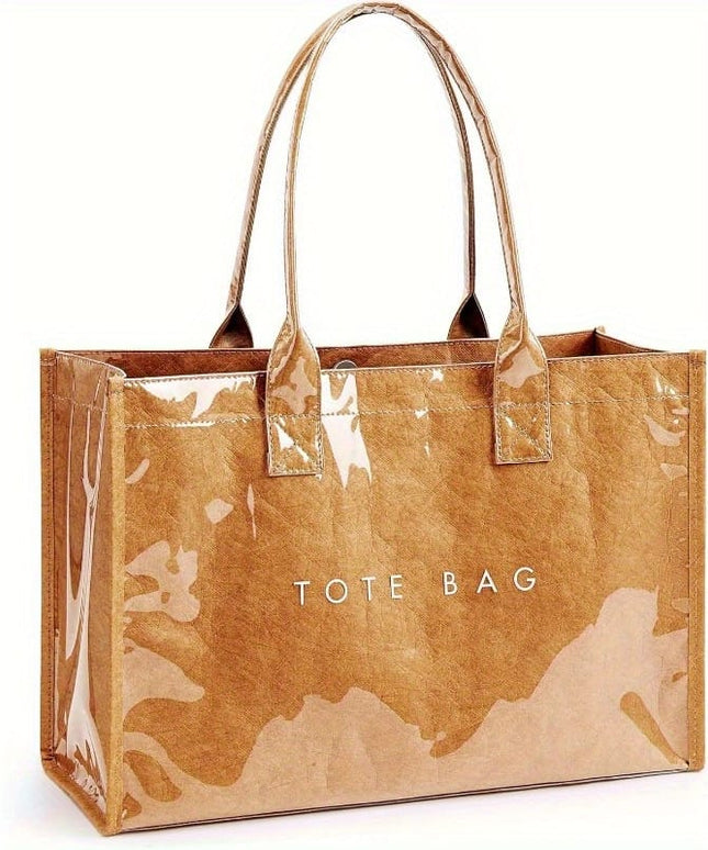 KissICON Brown Chic Glossy PVC Tote Elegant Work Travel Shopping Bag