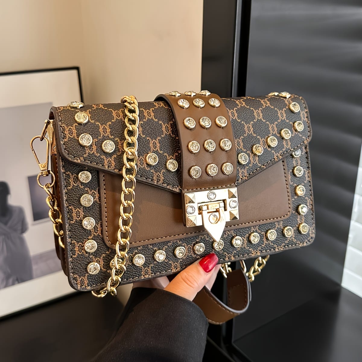jkthpu-45 Bag Brown Grid Chic Large Capacity Luxury Shoulder Crossbody Bag