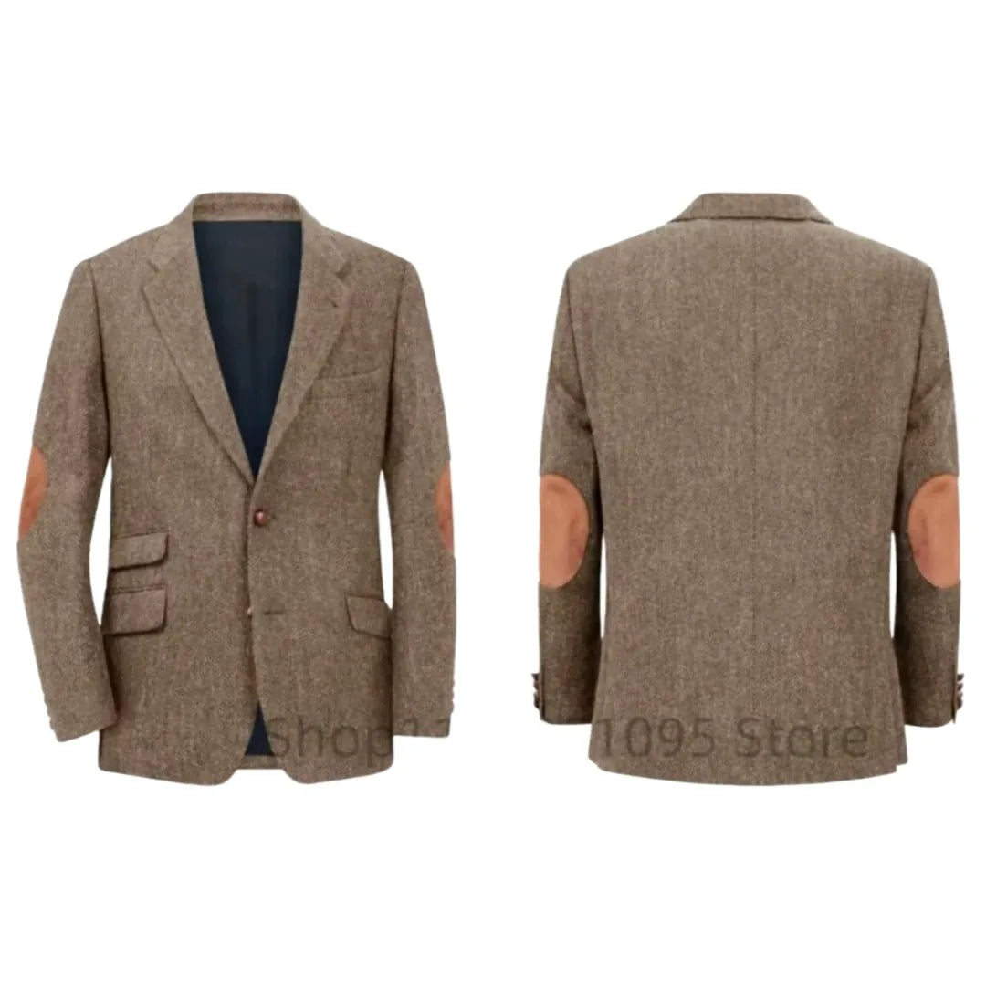 KissICON Brown / S Mens Brown Herringbone Tweed Smart Casual Blazer Jacket