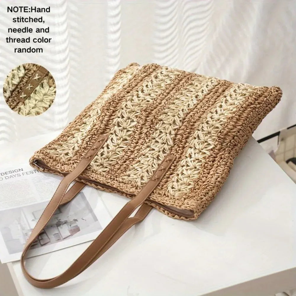 KissICON Brown Shoulder Woven Stripesd Straw Fashionable Handbag –