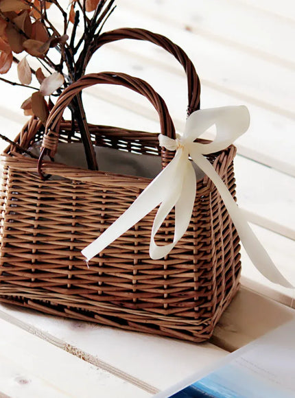 KissICON Brown Straw Woven Small Square Rattan Women's Handbag
