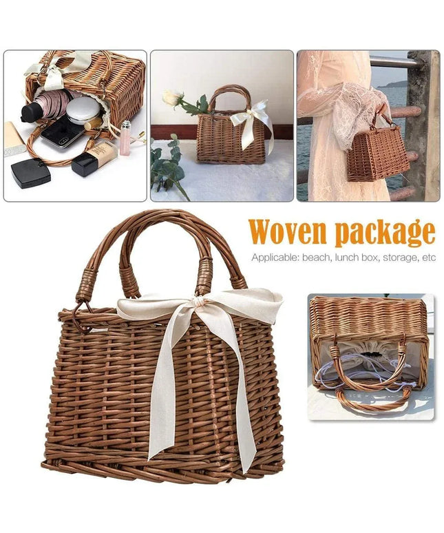 KissICON Brown Straw Woven Small Square Rattan Women's Handbag