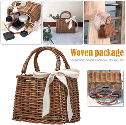 KissICON Brown Straw Woven Small Square Rattan Women's Handbag