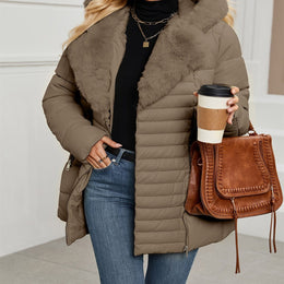 jkthpu-45 Brown / UK 8 Elegant PU Velvet Hooded Coat with Faux Fur Collar