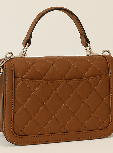 KissICON Brown & White Monogram Top Handle Satchel – Crossbody Handbag with Silver Clasp