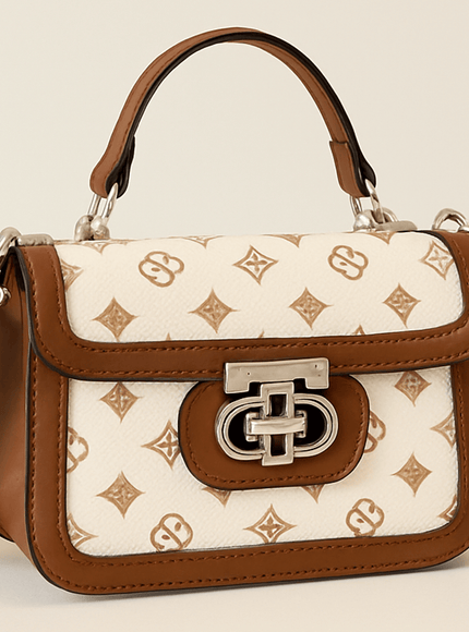 KissICON Brown & White Monogram Top Handle Satchel – Crossbody Handbag with Silver Clasp
