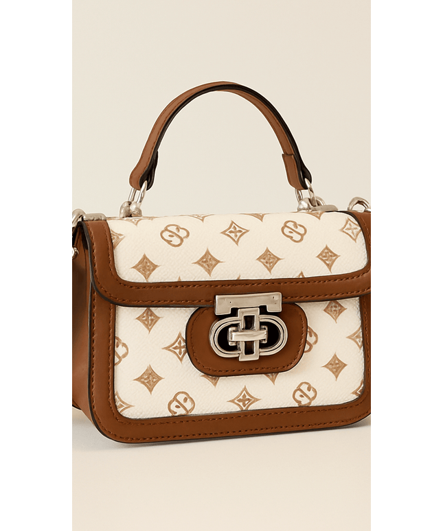 KissICON Brown & White Monogram Top Handle Satchel – Crossbody Handbag with Silver Clasp