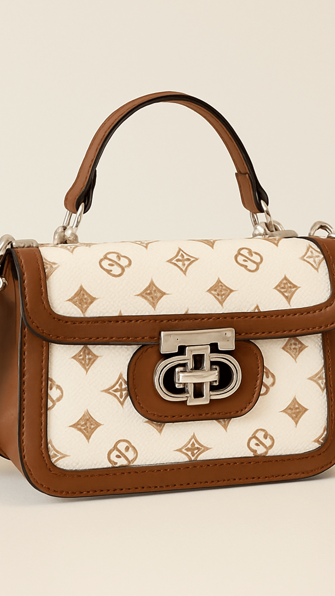 KissICON Brown & White Monogram Top Handle Satchel – Crossbody Handbag with Silver Clasp
