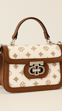 KissICON Brown & White Monogram Top Handle Satchel – Crossbody Handbag with Silver Clasp