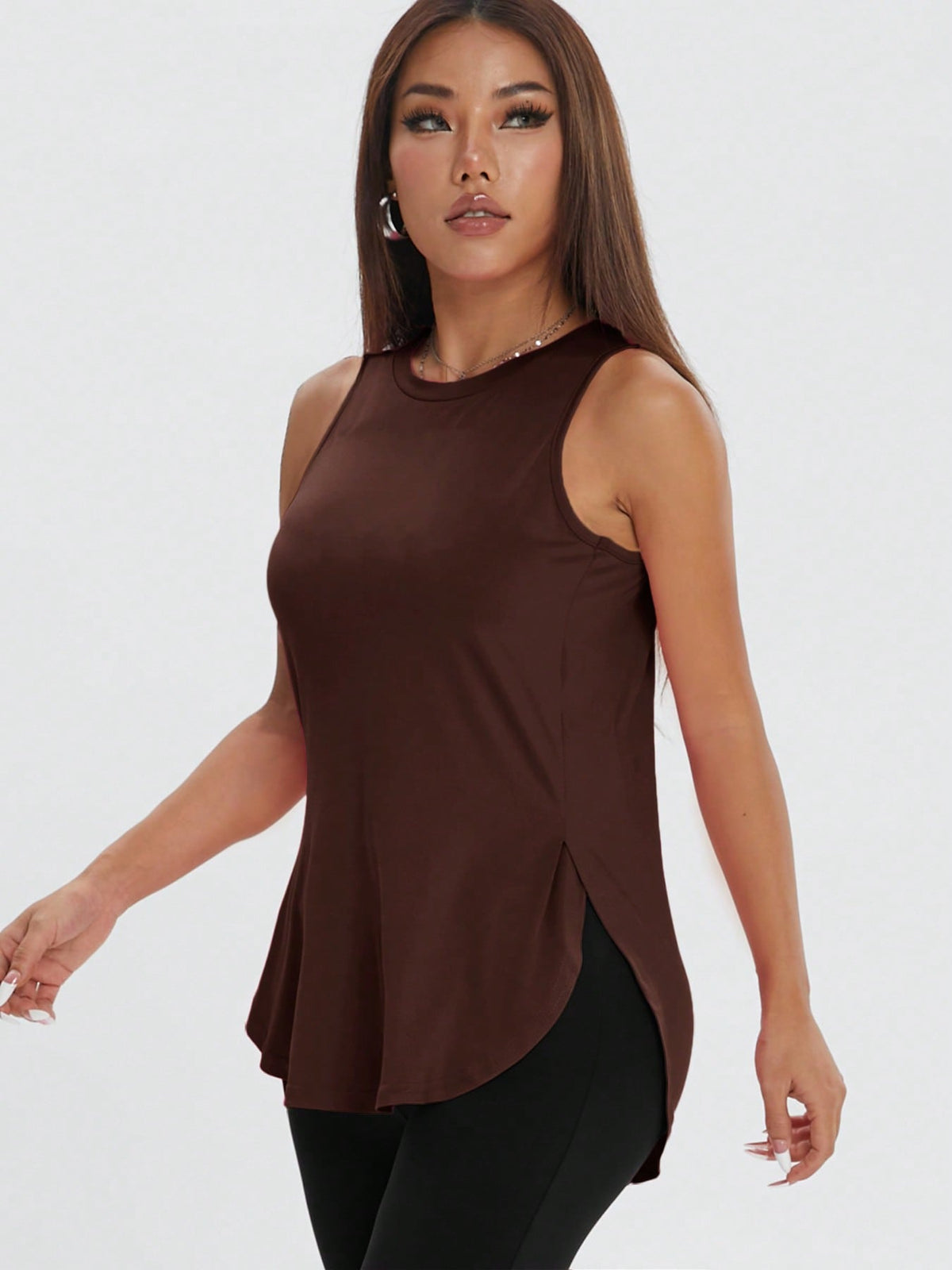ZW Sports Apparel Brown / XS Casual Loose Side Slit Sleeveless Pullover Workout Top