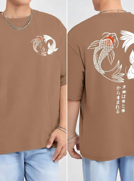 KissICON Brown / XXXL Harajuku Koi Cotton Tee Summer Style for Men